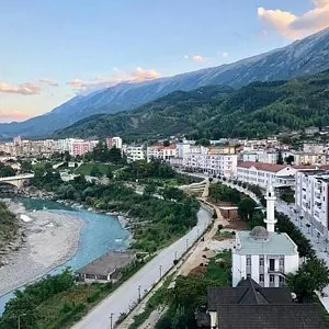 Përmet from above: the town, the Vjosa river and the mountain behind