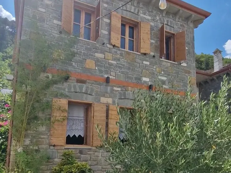 The stone facade with wooden shutters, an olive tree and flowers by the door