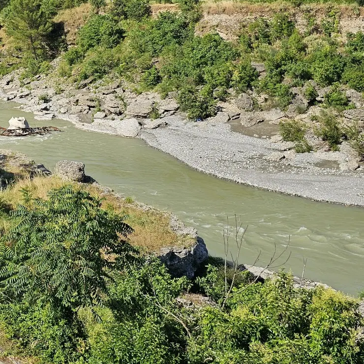 A bend of the Vjosa river with pale rocks and green banks